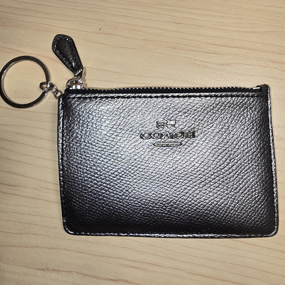 COACH 58424B Mini Skinny ID Card Case Keyring in Silver Pewter Leather